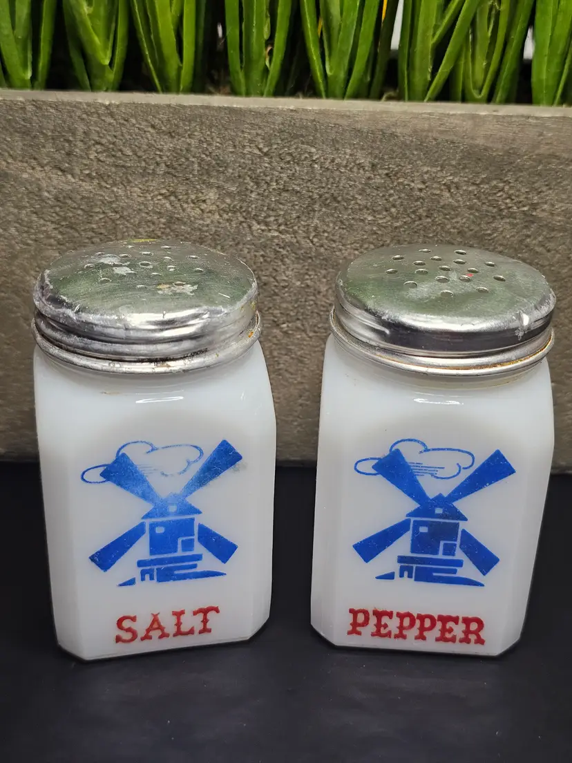 Vintage Hazel Atlas Milk Glass Dutch Windmill Salt and Pepper Shakers