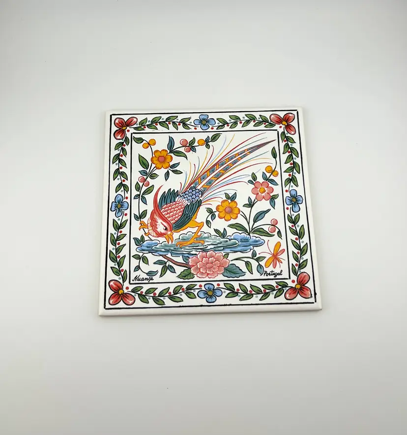 Portuguese Ceramic Bird and Floral Tile 6”x 6”