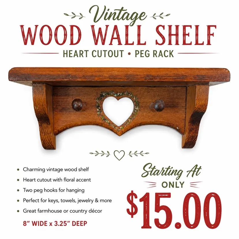 VTG Primitive Wood Wall Shelf Heart Cutout Peg Rack Country Farmhouse 8”x 3.25” Granny Core