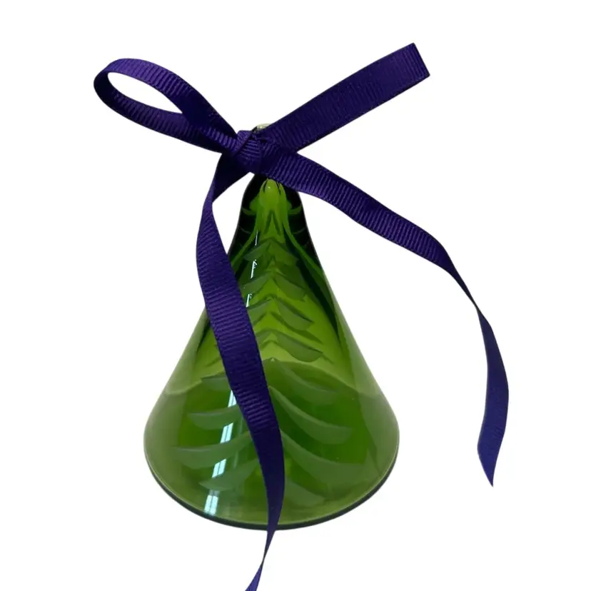 William Yeoward Signed Etched Green Crystal Glass Ornament Featuring A Pine Tree Design With Purple Ribbon @4” Tall