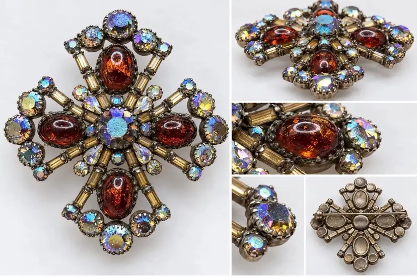 Vintage Amber Cabochon & AB Rhinestone