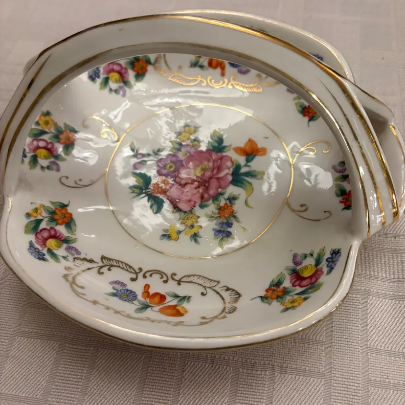 Vtg Gold Castle Chikusa Porcelain Basket with Handle - Floral Dresden Flowers