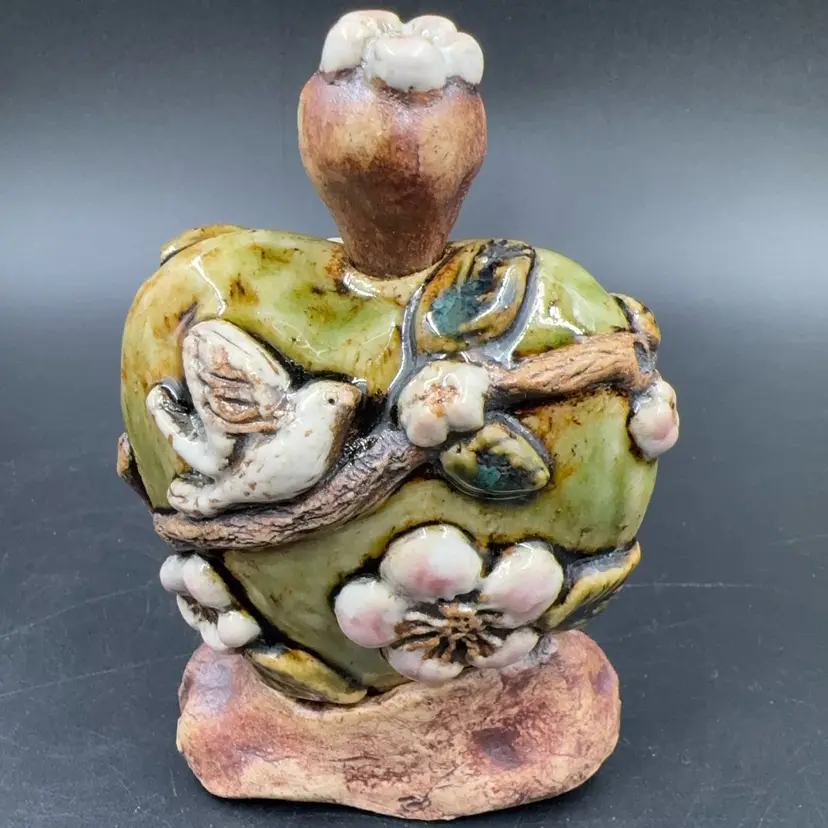 Art, Studio Pottery, Limited Vessel, Heart Hart Shaped With Tree Limbs Birds With A Floral Design. Organic Looking Designed Hand Built By Traci Brown Vintage Angel, One Of A Kind Signed