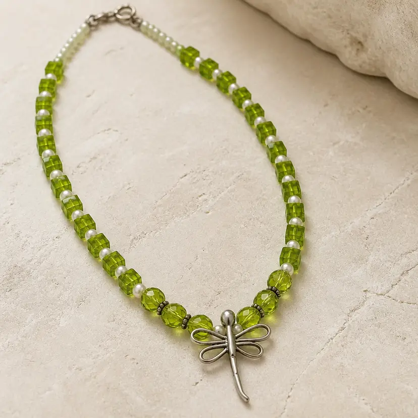 Green Briolette Bead Necklace w/ Sterling Silver Dragonfly Pendant, 9"