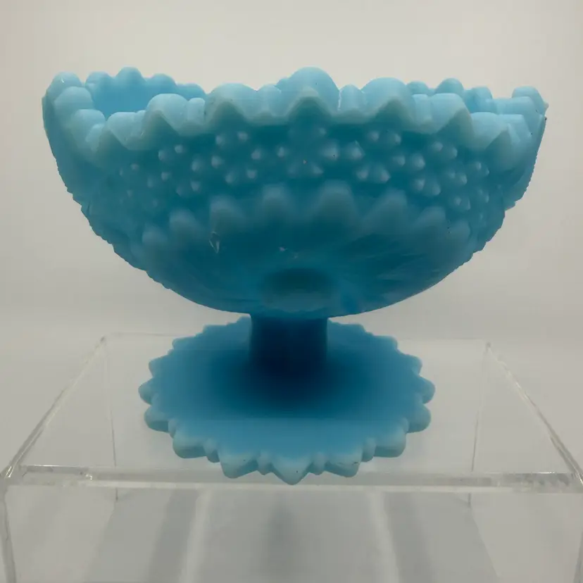 Fenton Pedestal compote candy dish Persian Medallion blue satin glass 5”