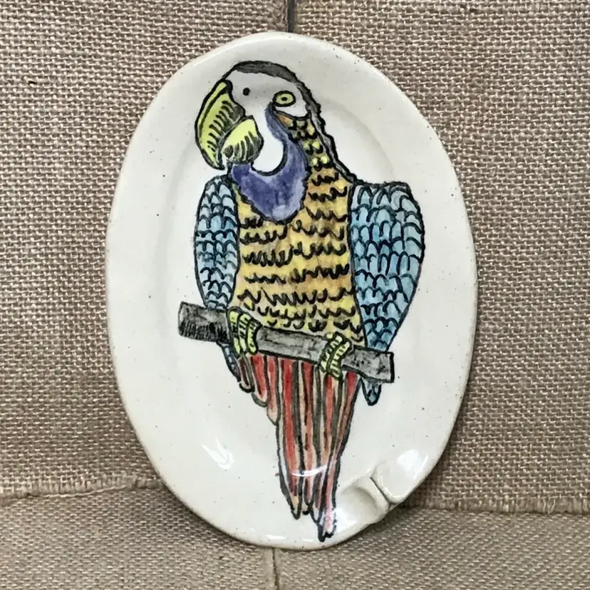 Parrot Art Pottery Trinket Dish Bird Tropical Eclectic Fun Signed By Artist