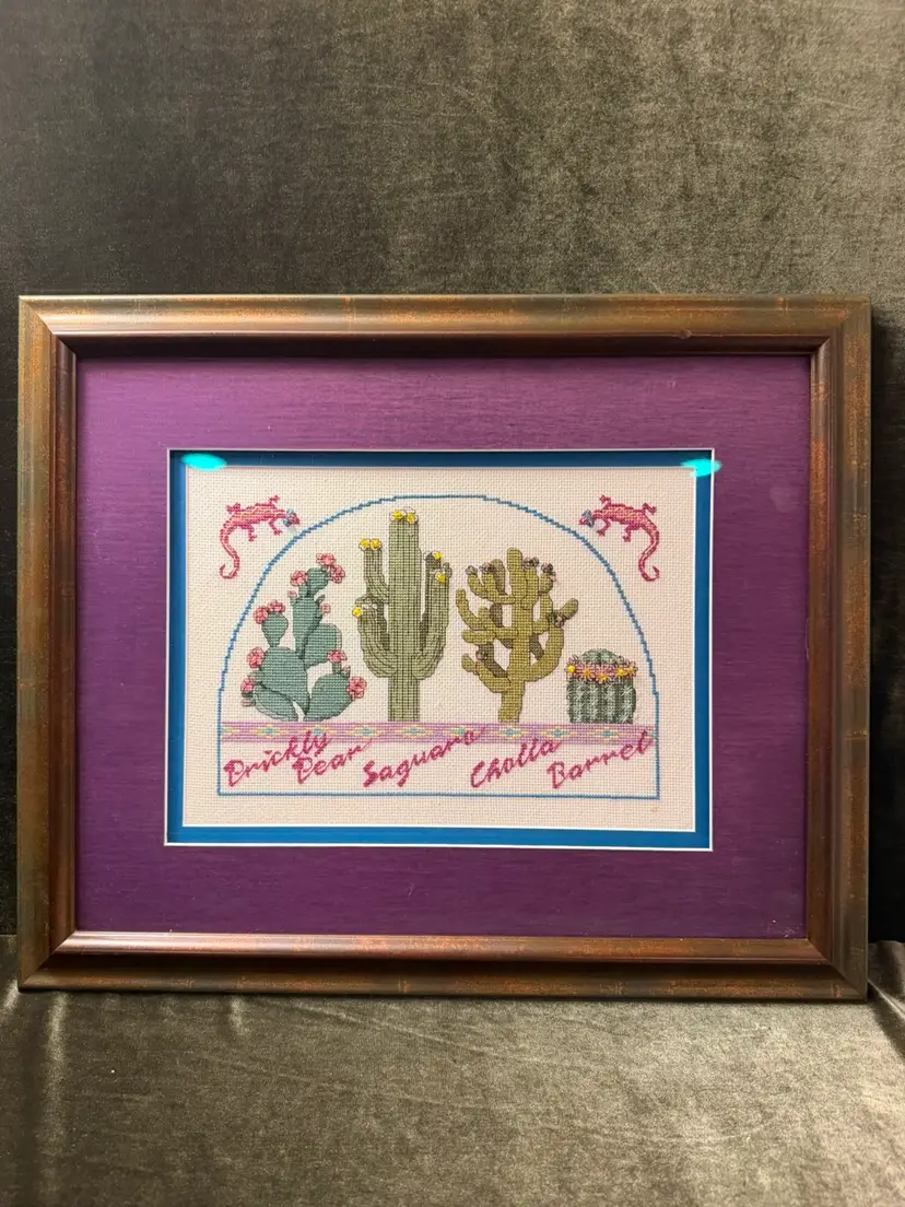 ~20” x 16” Beautiful Matted And Framed Desert Cactus Sampler Cross Stitch With bead decoration