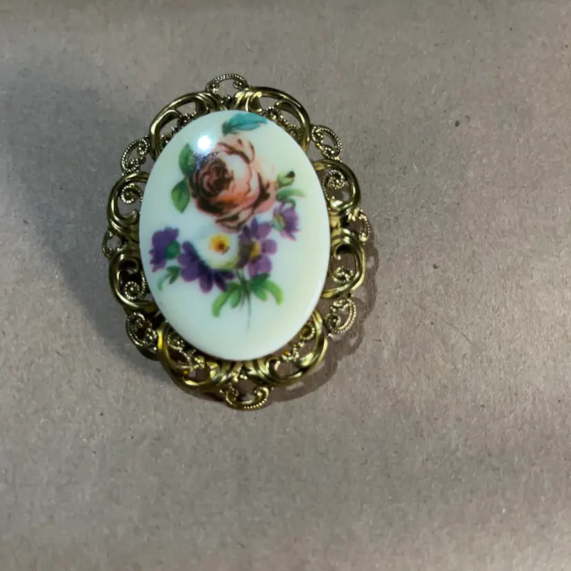 Vintage West Germany Porcelain and Goldtone Filigree Floral Broach