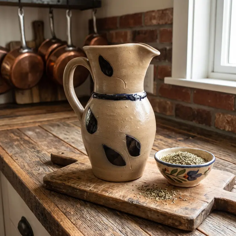 Williamsburg Pottery Salt Glazed Stoneware Pitcher with Cobalt Leaf Design