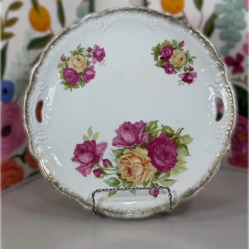 Vintage Floral Porcelain Handled Serving Plate | Pink & Yellow Roses | Gold Trim | Unmarked