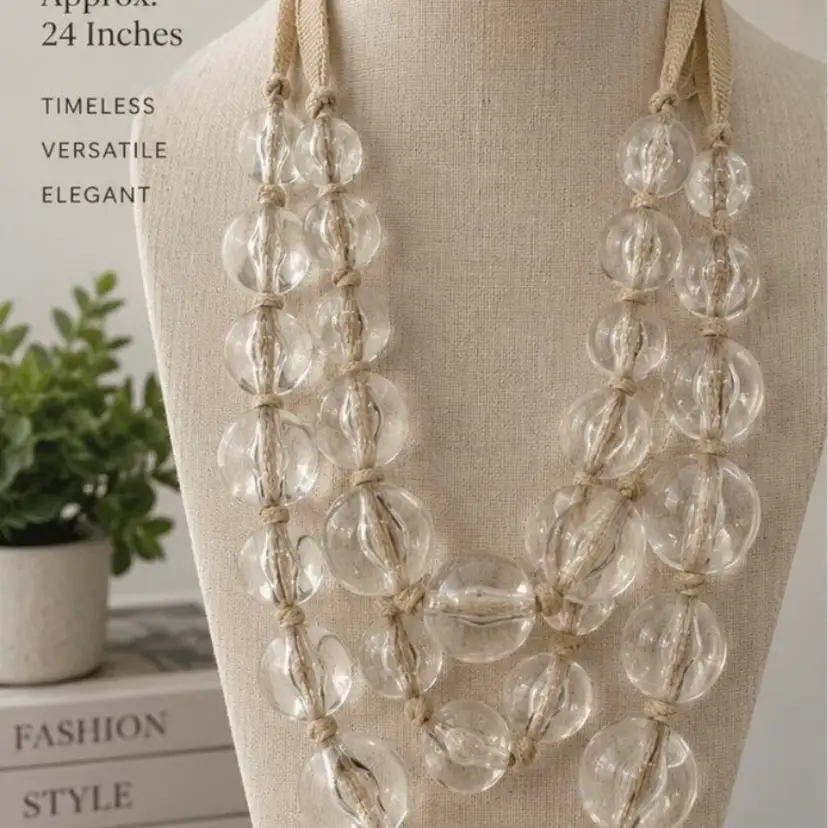 $98 Nordstrom sequin Chunky Statement 3 Layer Bead Necklace Cream White Clear Stunning Gift