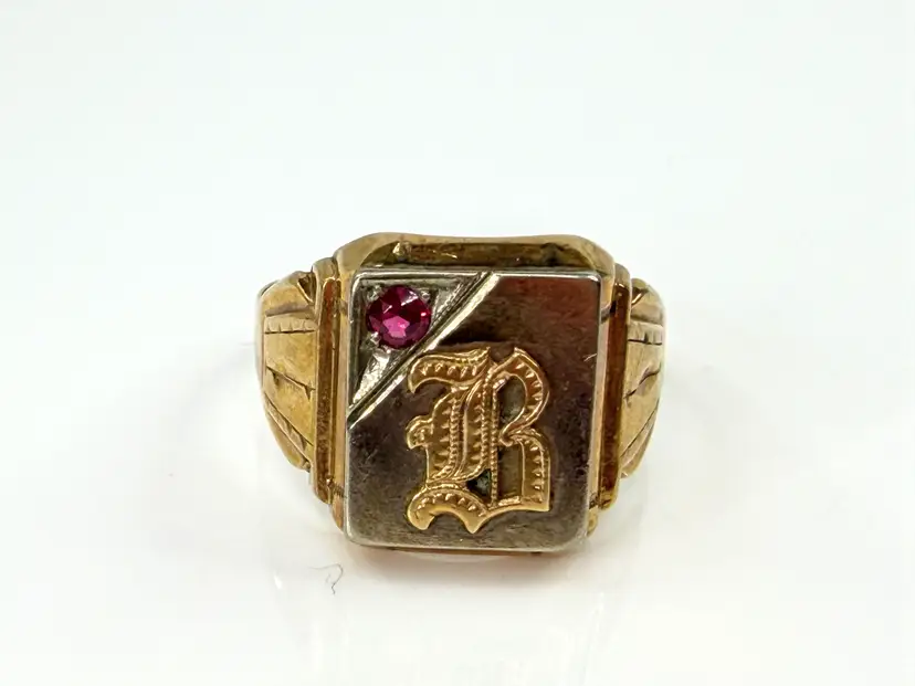 Antique 10K Two Tone Gold Ruby Initial B Signet Ring Size 11 3.5g 3.5g JR2203