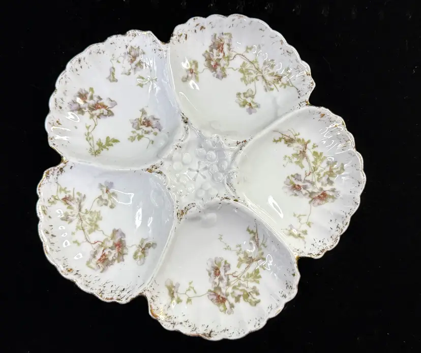 Antique 5-Well Floral Oyster Plate Scalloped Gold Trim 8" A1254