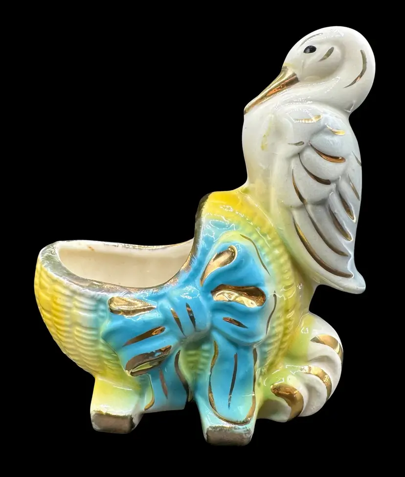 Vintage Ceramic Pottery Planter Stork Bird Baby Bassinet Yellow Blue Nursery