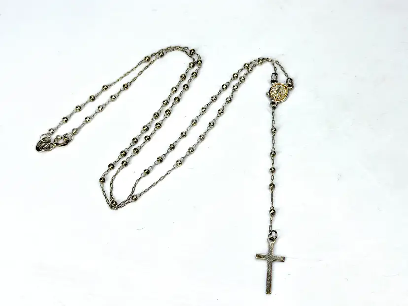 Vintage 925 Sterling Silver Rosary Necklace Beaded Chain Cross Medal JR1936