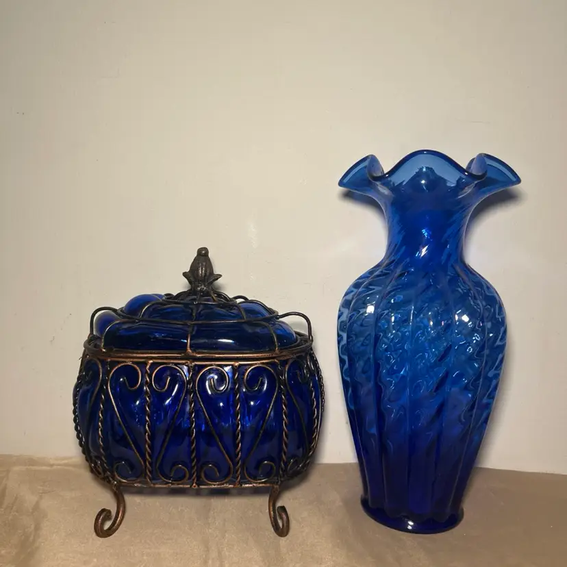 Vintage Cobalt Blue Caged Bubble Glass Lidded Box And Murano Vase