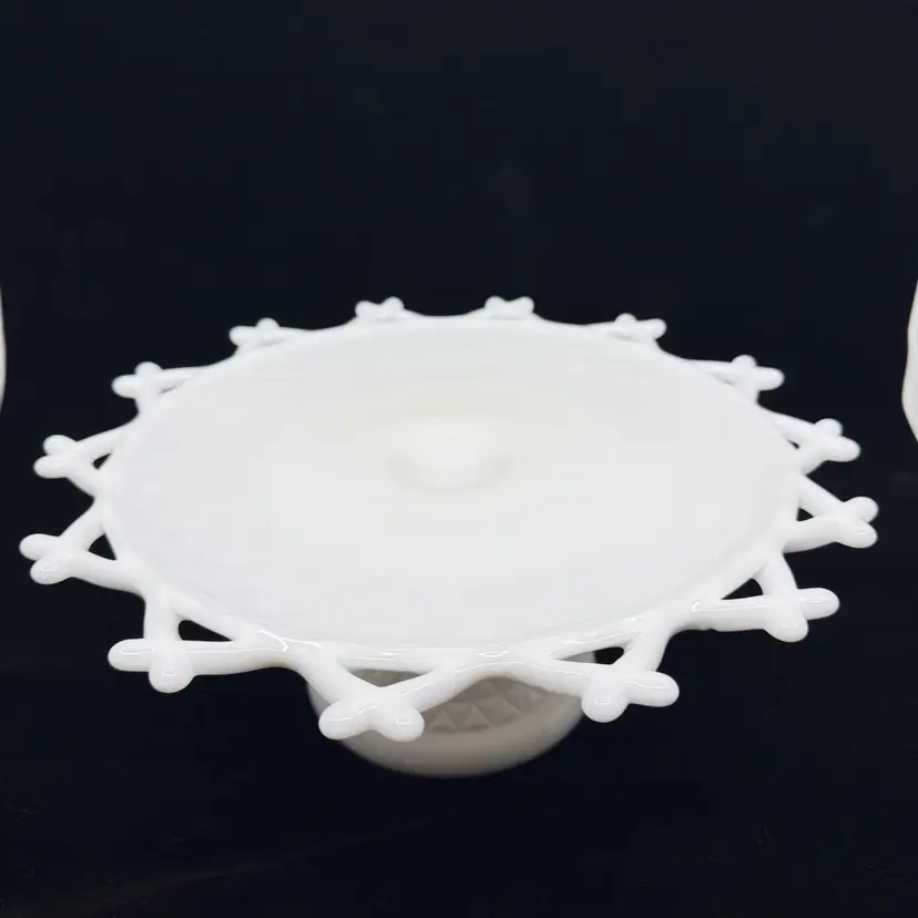 Vintage Imperial Glass Milk Glass Cake Stand Open Lace English Hobnail 12”