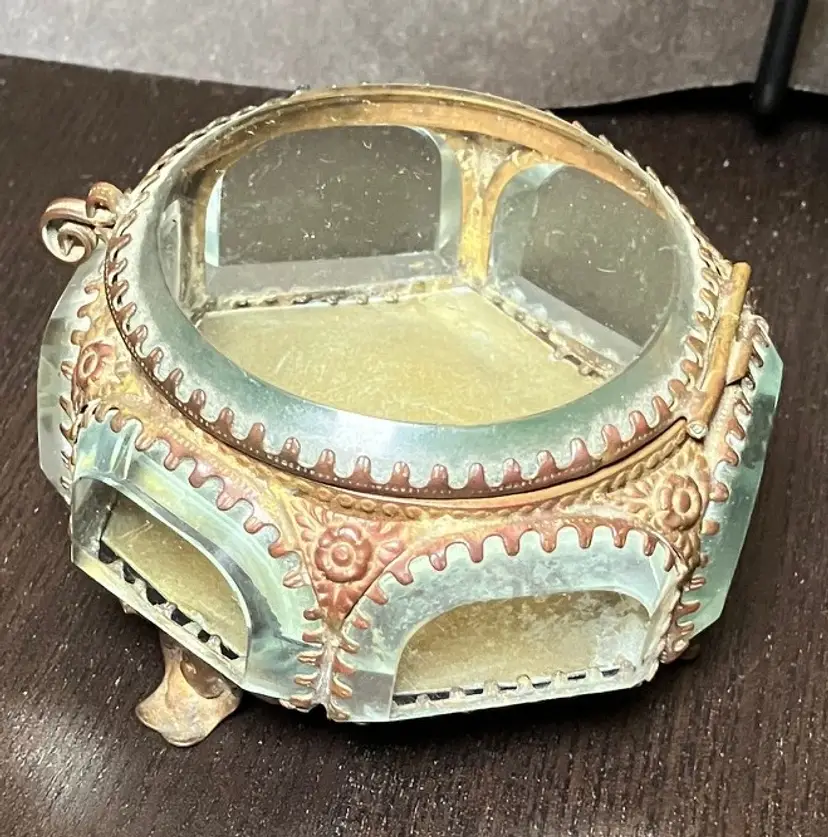 Antique French Hexagonal Ormolu Brass Beveled Glass Jewelry Trinket Box