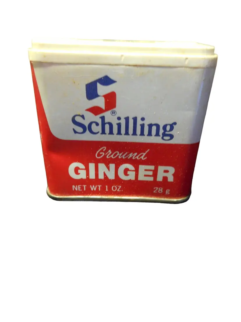 Vintage 1977 Schilling Ground Ginger White and Red Spice Tin McCormick