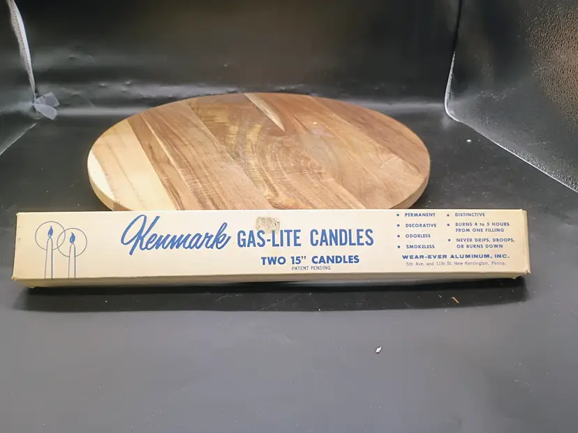 Vintage Kenmark Gas-Lite Wear-Ever Aluminum Candles 15" Pair In Box Unused Gold Colored.