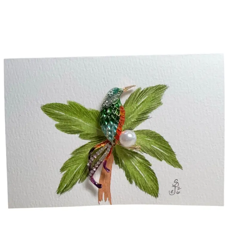 Original Watercolor Card Rhinestone Parrot In Palm Tree 5 X 3.5”