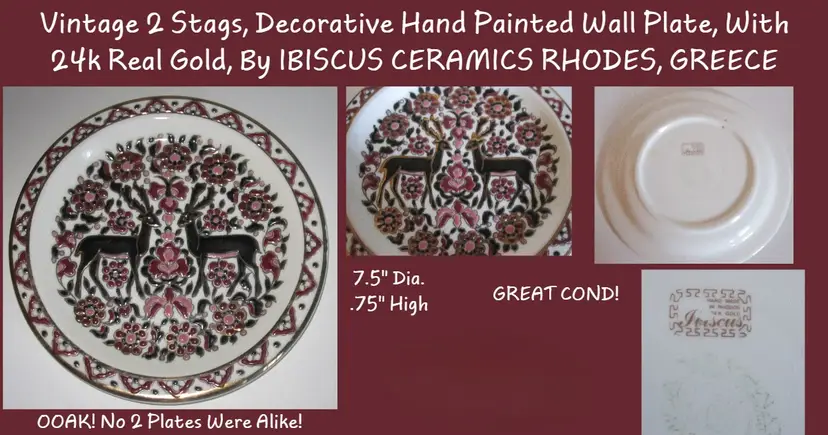 Vintage, Rhodes, Greece 22k Gold Hand-Painted 2 Stag & Floral, Plate, Scarce