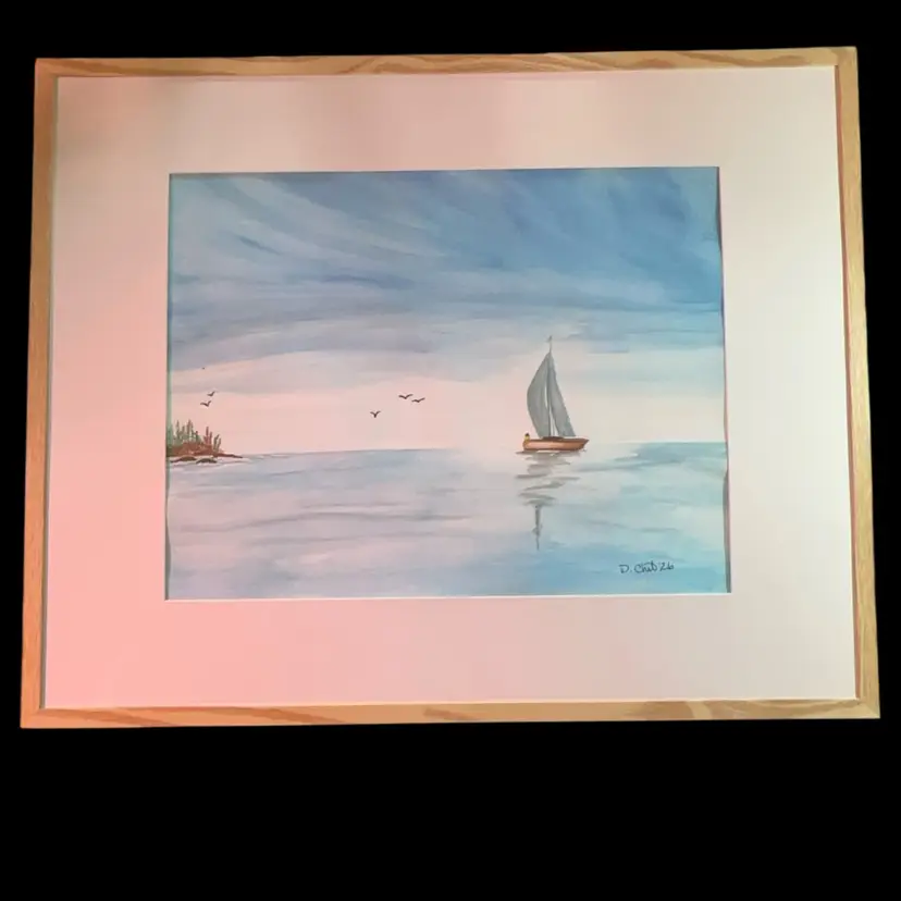 “Let’s Sail” Watercolor Original Framed 16 1/2” X 20 1/2” Sailboat Gliding On The Water