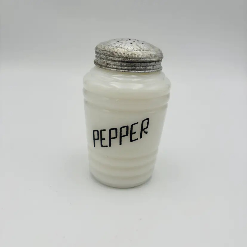 Vintage 1940s Depression Hazel Atlas Milk Glass Beehive Pepper Shaker Metal Lid