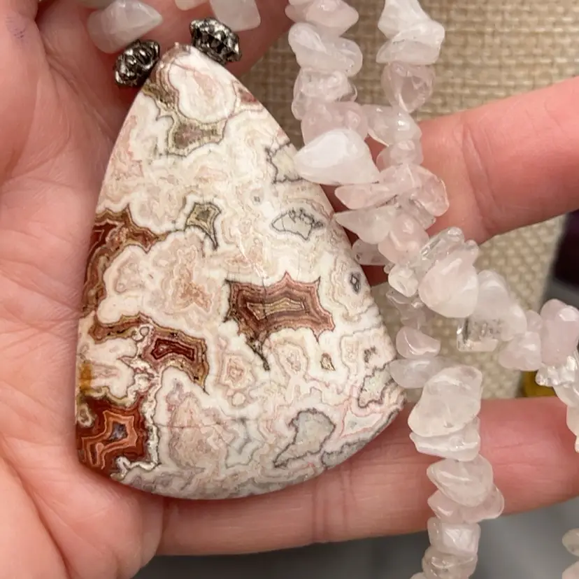 #01 18” Crazy Lace Agate Rose Quartz Gemstone Necklace Large Statement Pendant