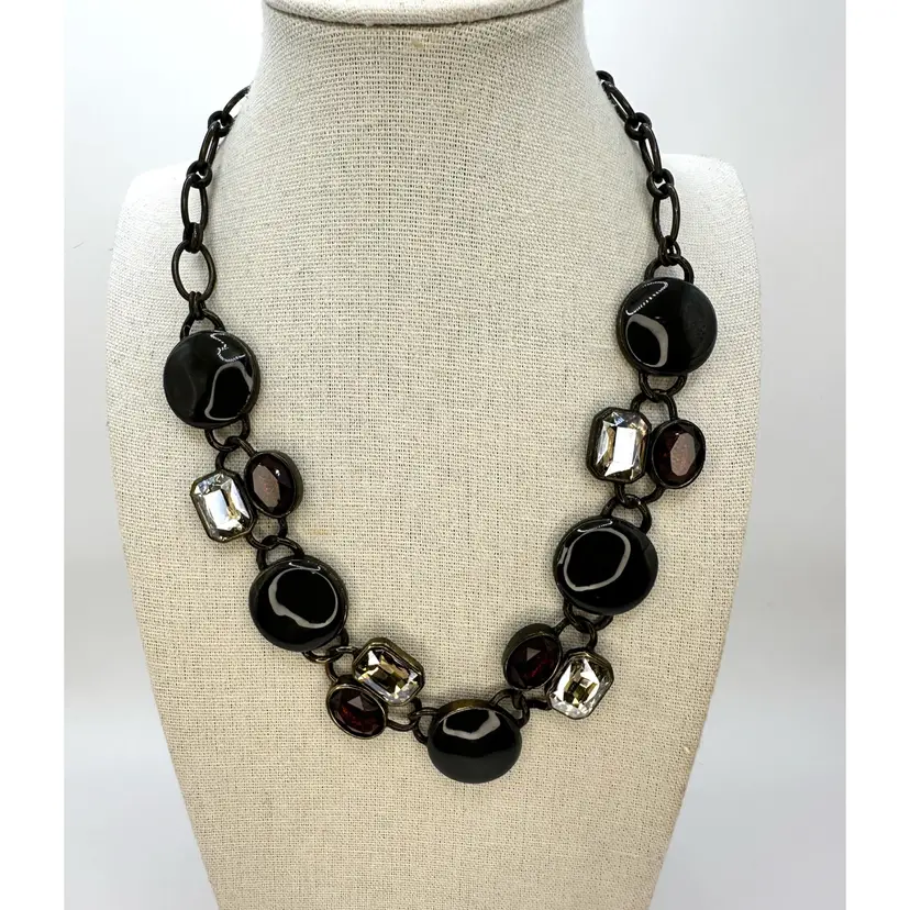 The Limited Grey Enamel Disc Burgundy Rhinestone Gun-Metal Necklace