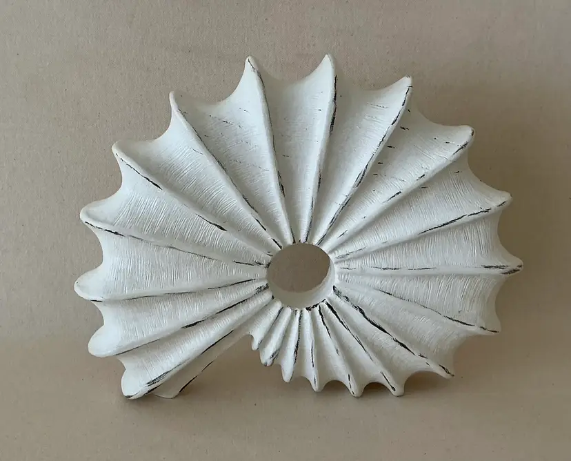 “Spira” Eucalyptus wood, chalk paint with black highlights. 12”w x 9.5h x 2-1/4”d. 7 day return policy (Buyer pays return shipping and must be carefully packaged)