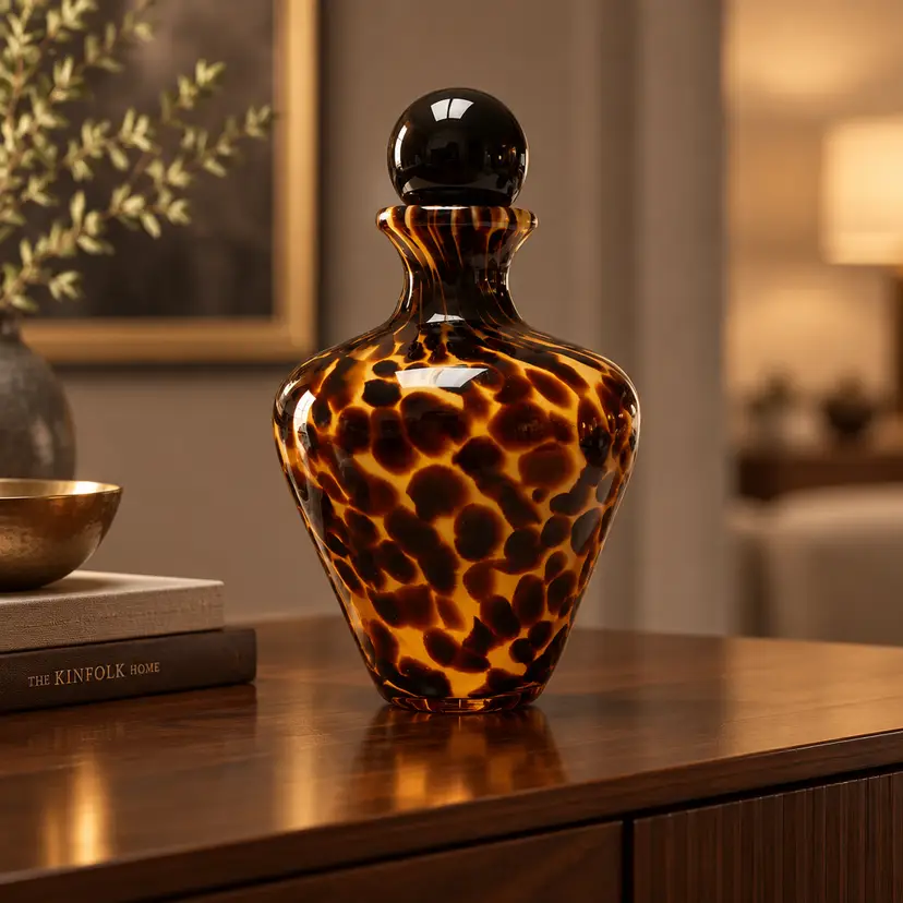 Handblown Art Glass Perfume Bottle w/ Tortoise Shell Motif & Round Black Stopper