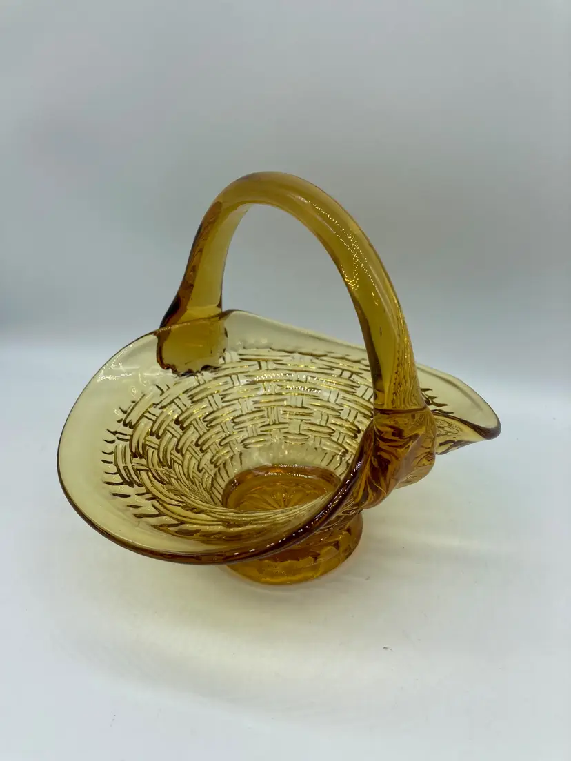 Vintage Amber Glass Woven Pattern 7" Fruit Basket Candy Dish 70's Style