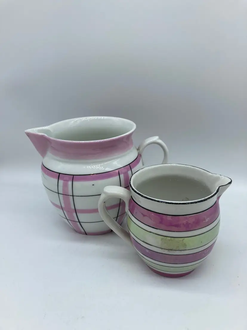 Porzellanfabrik Wehinger & Co Pink Black White Creamer Porcelain Czechoslovakia, plus Vintage Lusterware Creamer: Pink Green Stripes, Platinum Bands, Czechoslovakia 1940s