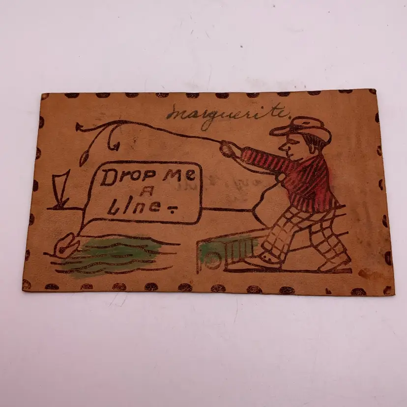 POW1 Antique Leather Postcard "Drop Me a Line" 1907 with Stamp