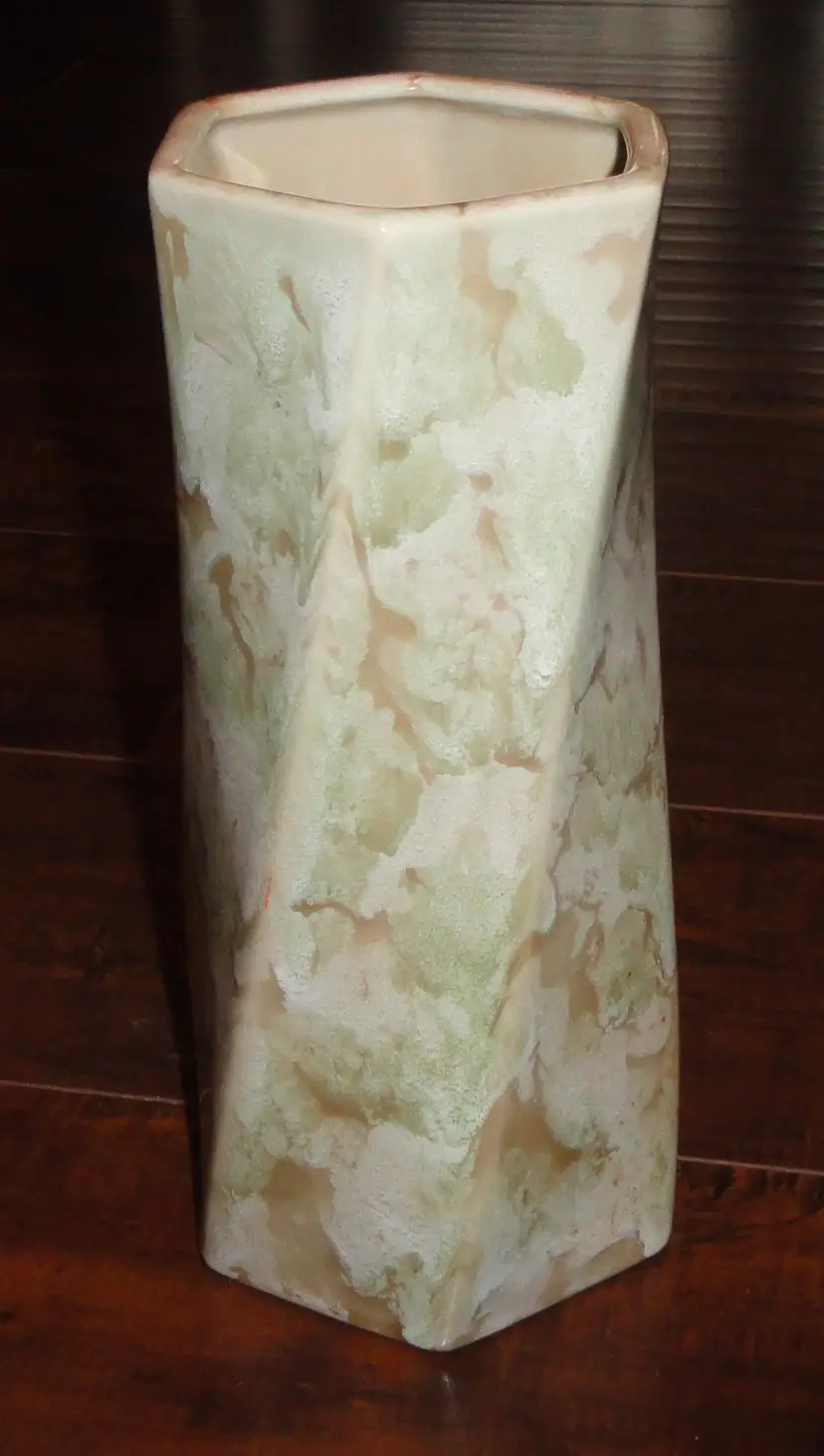 Twisted Panel 10” Pottery Vase ~ Unmarked Green & Tan Marbled