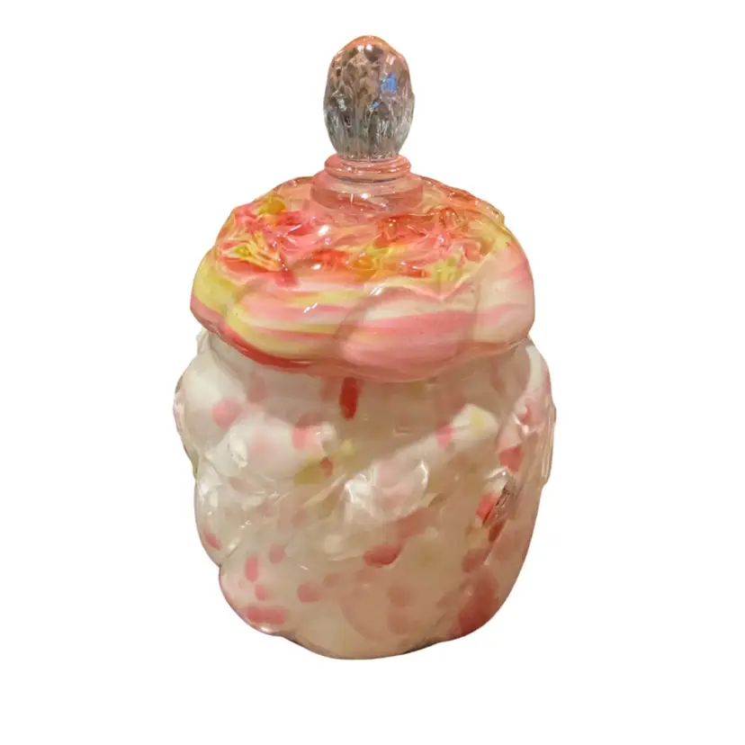 Antique Northwood EAPG Late 1800s Royal Ivy & Berry Finial Lidded Pink & Yellow Spatter Dish - 7”  Rare Piece