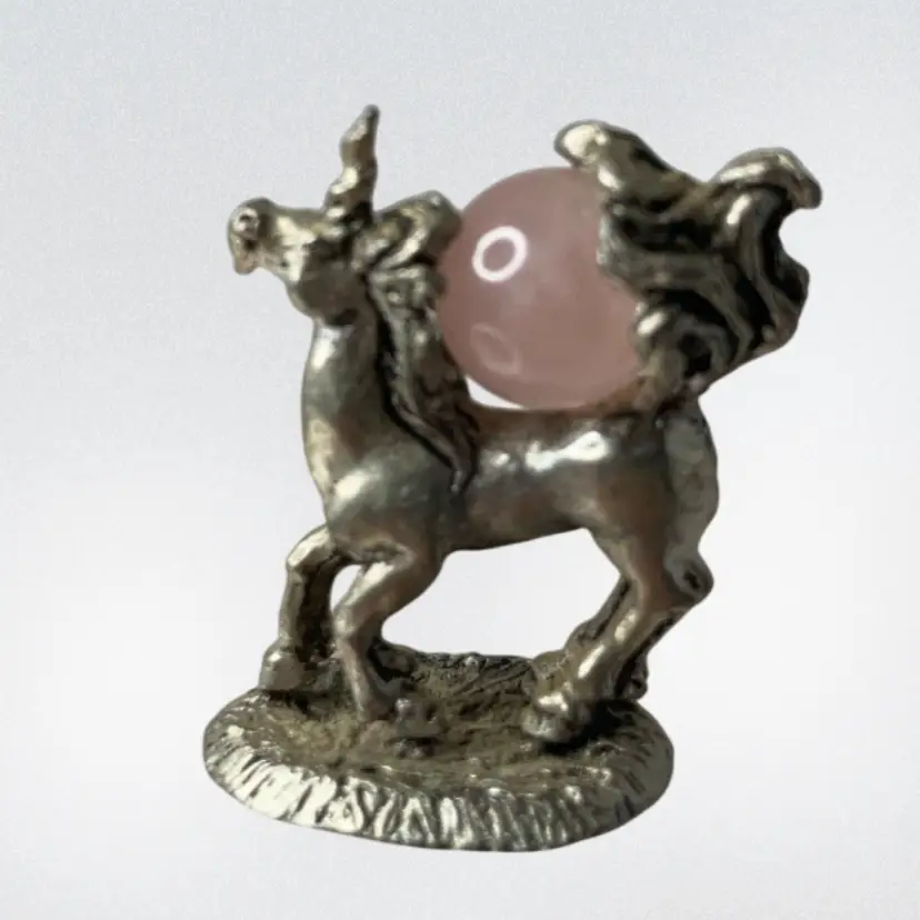 Pewter Unicorn With Rose Quartz Ball! 1 1/4” Tall!
