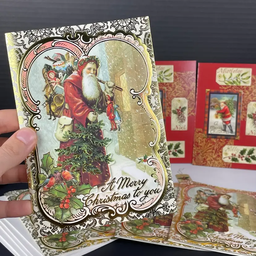 Punch Studio Victorian Style Santa 3D Christmas Cards Envelopes & Additional Embossed Set