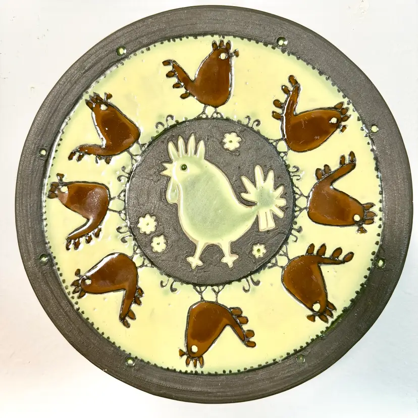 Ukraine: Milada Kravchenko Ceramic Wall Plate “Roosters” 1970s 10.25” x 2”