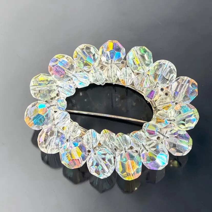 Midcentury Silver Tone Crystal Aurora Borealis AB Bead Oval Circle Brooch