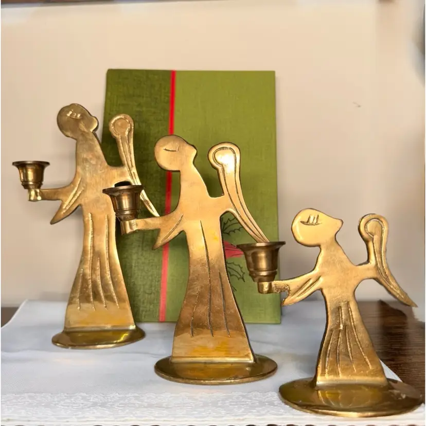 😻 vintage mid-century modern brass angel candle holders. tallest 8” small 3.5”