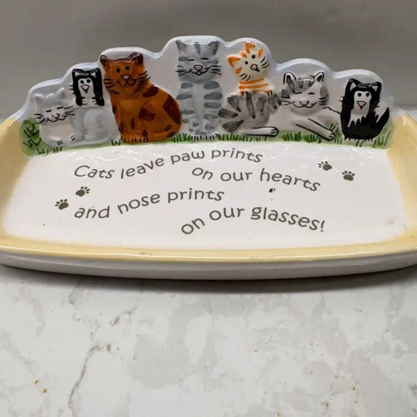 Ceramic Eyeglass Holder Tray Trinket Dish Cats Leave Paw Prints on Our Heart