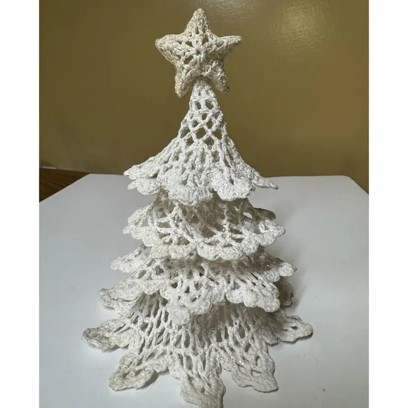 Handmade White Crochet Holiday Tree with Star Topper Christmas Tree 7.25”