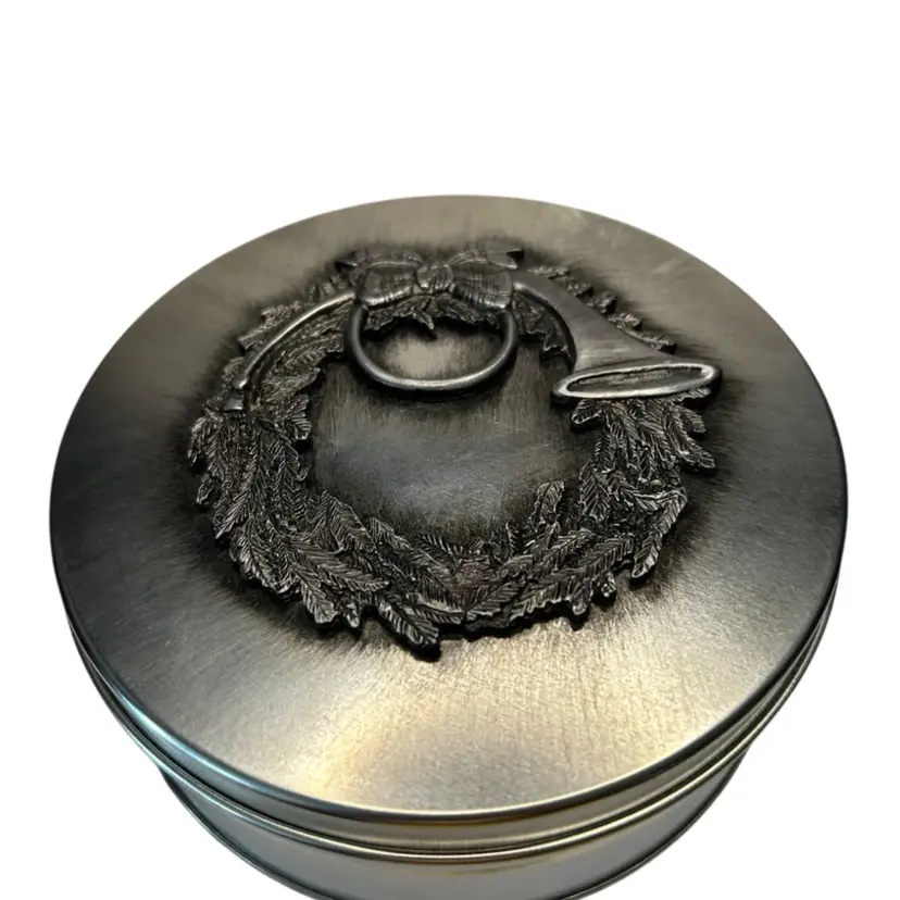 Vintage Metzke Pewter Holiday Tin 3D Embossed Christmas Tin With French Horn @5 3/4” Diameter