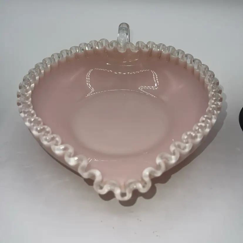 Fenton Art Glass Silver Crest Pink Milk Glass Heart Shaped Dish 8.5”