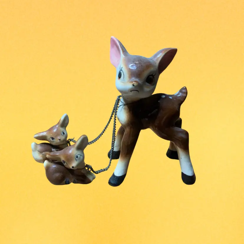01. Ceramic Deer Figurines, Doe and Fawn Figurines, Chain Leashed Animal Figures, Mom and Babies, Deer Statues, Japan Norleans Vintage Deer