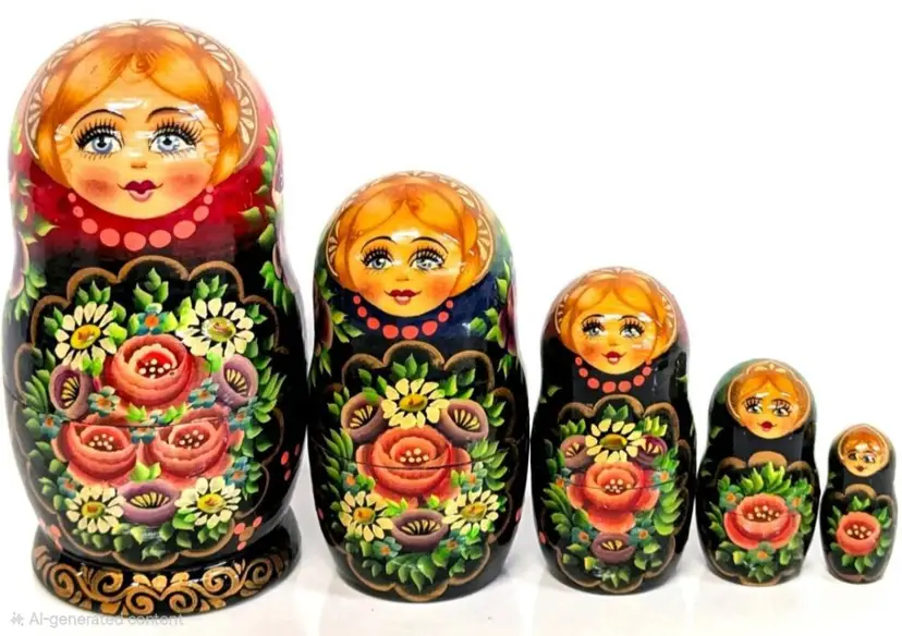 Stunning Vintage Floral Russian Matryoshka Nesting Dolls 5 Piece Set, Up To 6.5" Tall