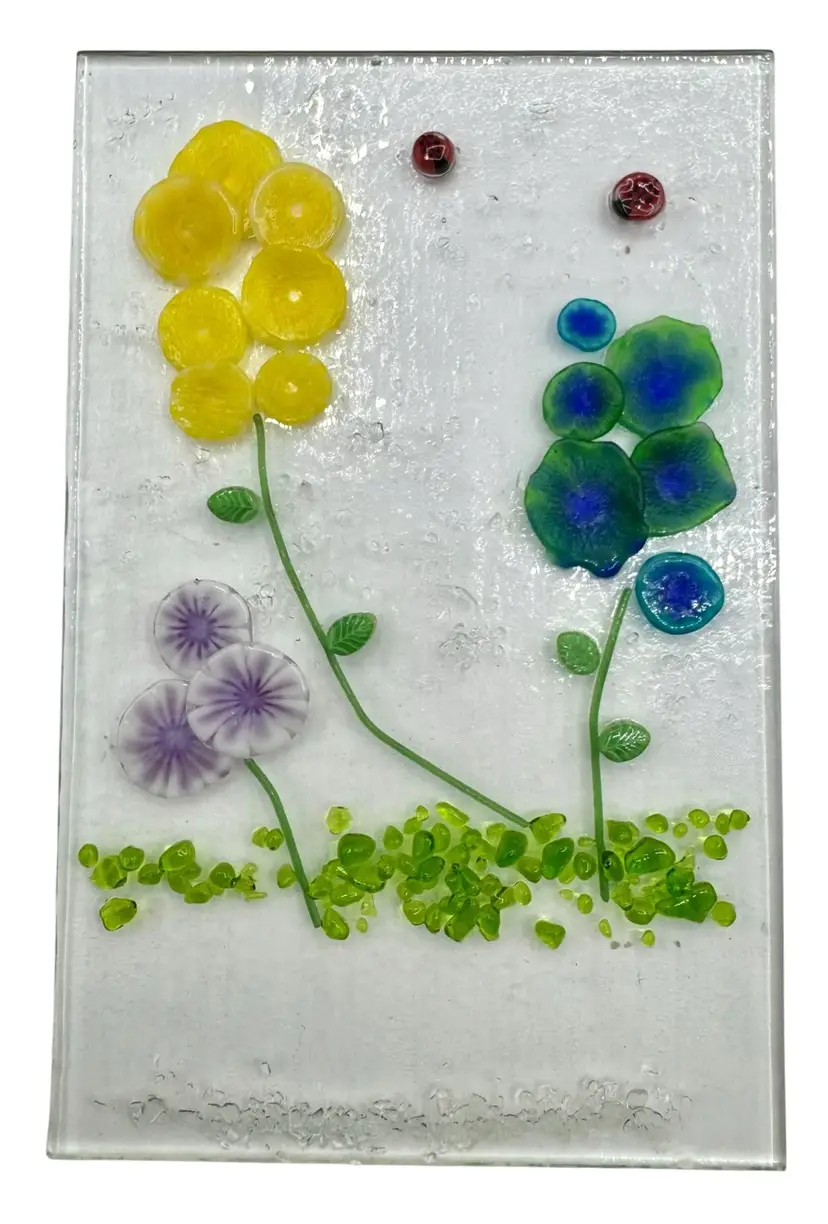 Handmade Studio Fused Art Glass Suncatcher Window Panel Floral Flowers Ladybug