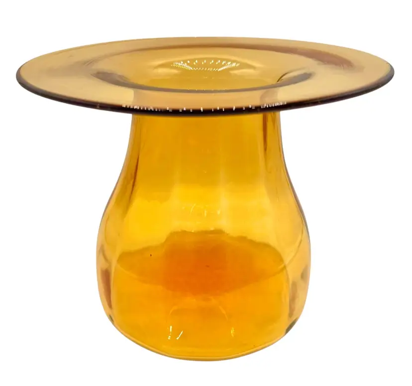 Vintage Large Wide Rim Amber Glass Vase Optic Mushroom Hat 7” x 8.5”